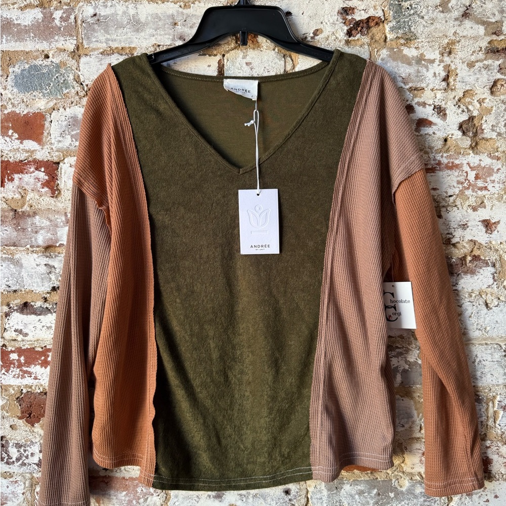 Andree Olive and Tan Long Sleeve Top